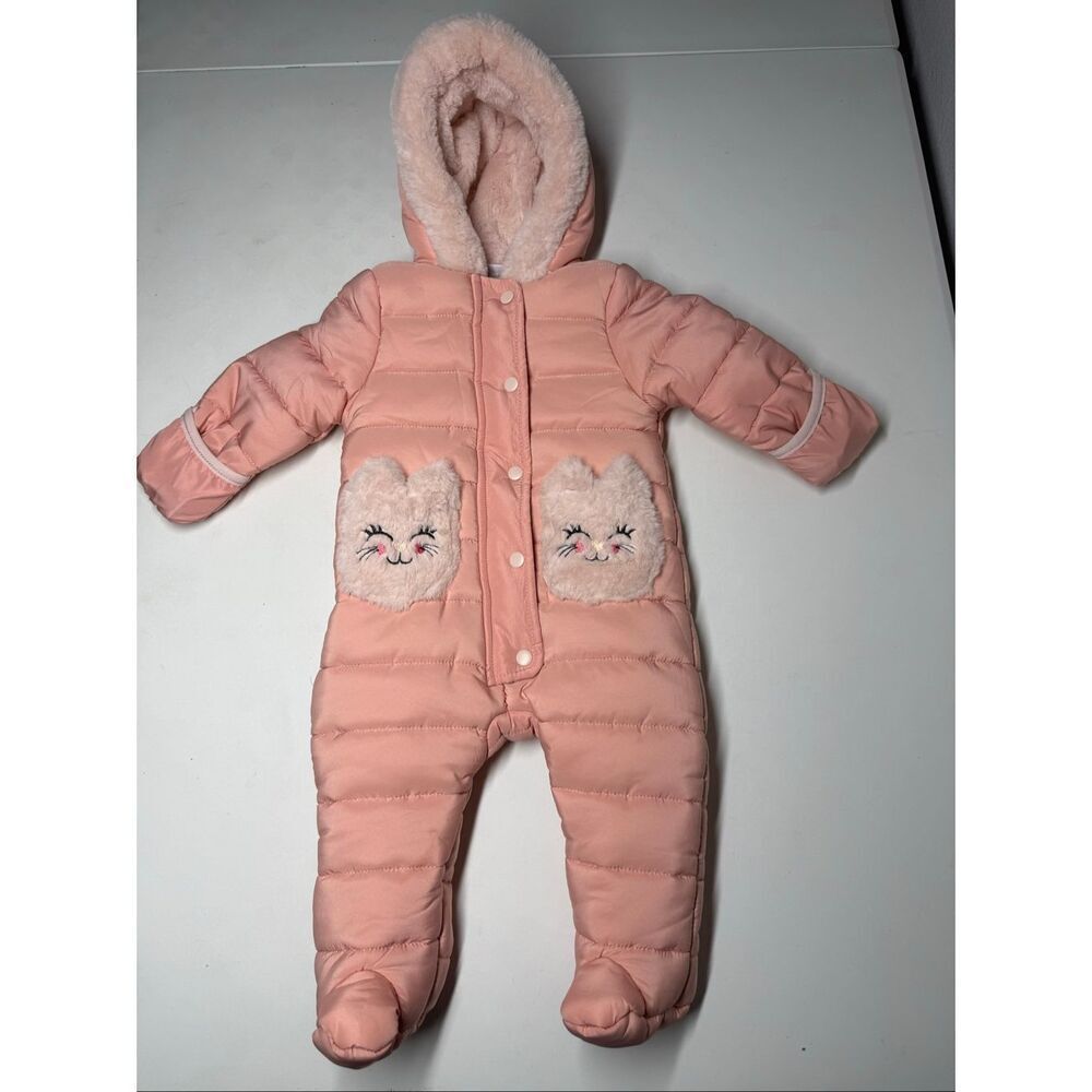 Little Lass Baby Snowsuit Fleece Lined Pink Peach Faux Fur Trim Size 6/9 M